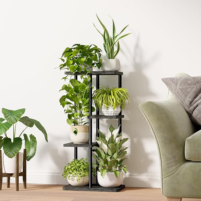 Bamworld Corner Plant Stand Indoor, 4 Tier Metal Plant Shelf for Multiple Plants, Tiered Flower Pot Stands for Patio Garden Balcony Living Room Bedroom, Black