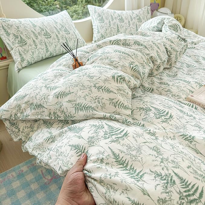 LifeTB Muslin Duvet Cover Queen Size 100% Cotton Botanical Floral Comforter Cover Ultra Soft Cottagecore Bedding Set Lightweight Linen Feel Textured Breathable Gauze Duvet Cover with 2 Pillowcases