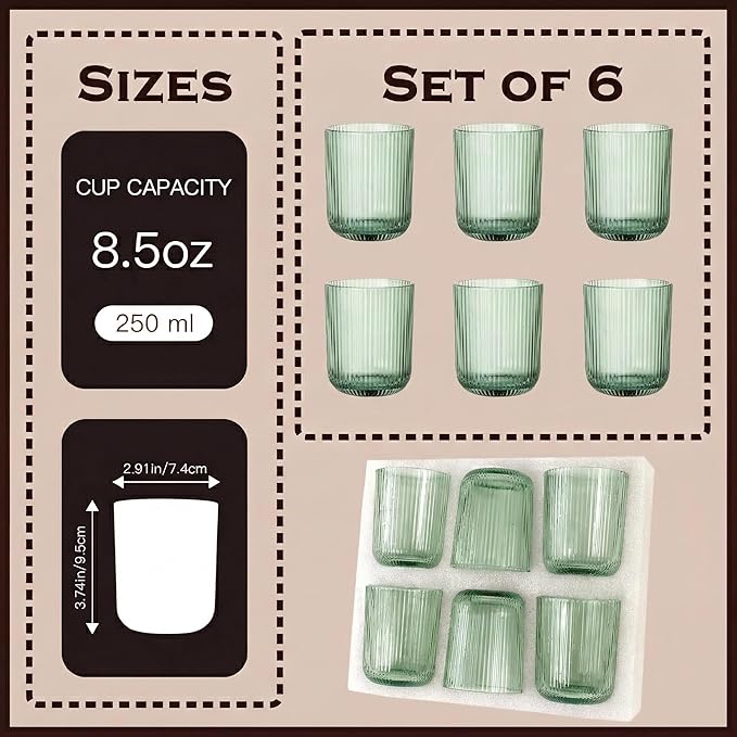 Green Ribbed Highball Glasses Set of 6, 8.5oz Sage Green Vintage Glassware, Drinking Glasses for Water, Juice, Coffee, Cocktails, Green Glass Cups, Housewarming & Christmas Gift