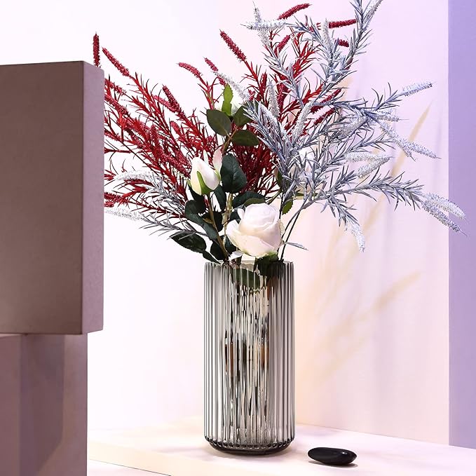 Large Cylinder Ribbed Grey Glass Flower Vase for Farmhouse Dining Table Centerpieces Decor