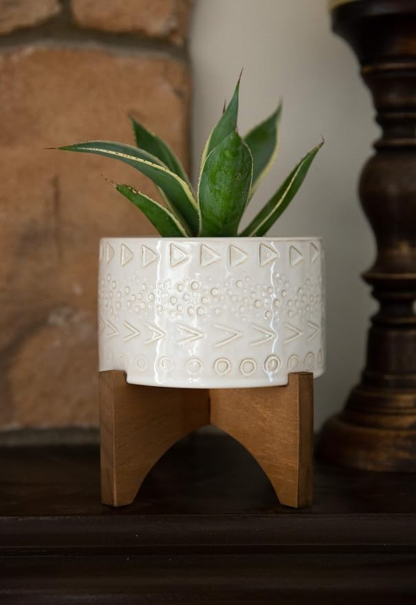 Flora Bunda Mid-Century 5 Inch Caveman Texture Ceramic Planter on Wood Stand, Ivory Caveman 5"