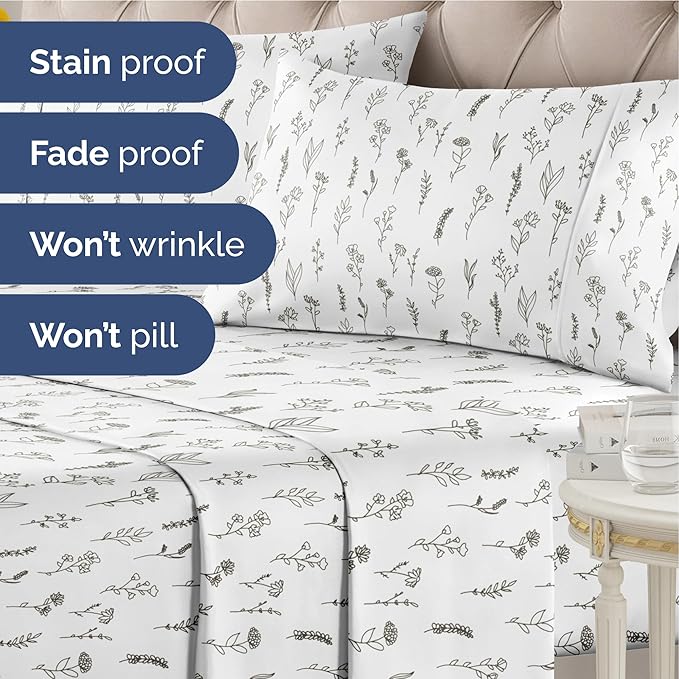 Floral Sheets - Black & White Floral Bed Sheet Set - 1 Flat, 1 Fitted & 2 Pillowcases w/ Deep Pockets - Wrinkle & Fade Free - Boho Botanical Bedding - Ultra-Soft, Breathable & Cooling - King Size Set