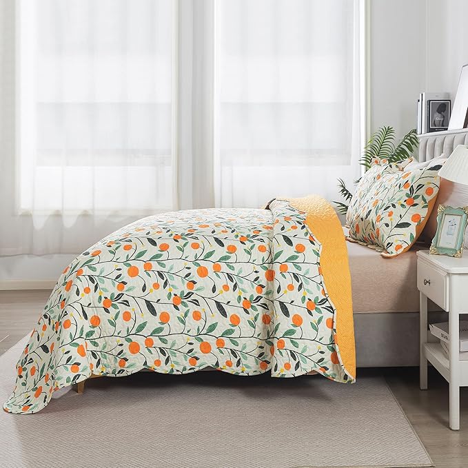 HoneiLife Floral Quilt King Size - Wildflower Bedspreads 3-Piece, Fruit Quilt Sets for King Beds, Microfiber Coverlets Botanical Bed Cover King Quilt Bedding Sets for All Season Use