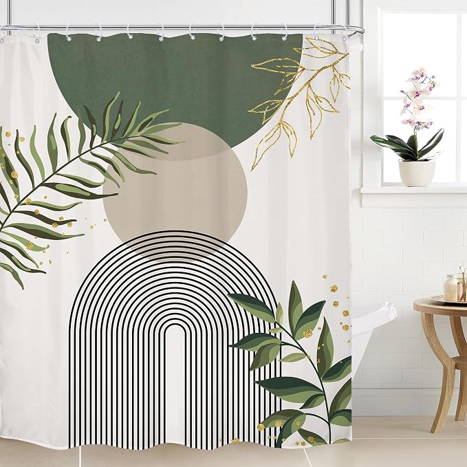 Green Boho Shower Curtain Extra Long Modern Abstract Bohemian Green Gold Minimalist Leaves Mid Century Arch Bathroom Decor Geometric Plant 72Wx84H Bath Curtain Fabric Polyester 12 Pack Hooks