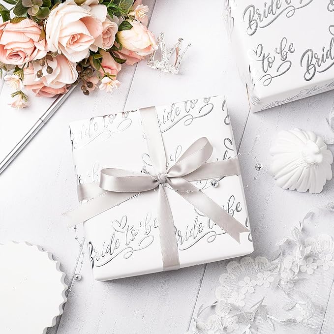RUSPEPA Wedding Wrapping Paper Roll, Mini Roll, Elegant Bride to Be Text and Heart Design, Silver Foil Gift Wrap for Bridal Shower, Bachelorette Party, Wedding Celebration, 17 Inches x 16.4 Feet