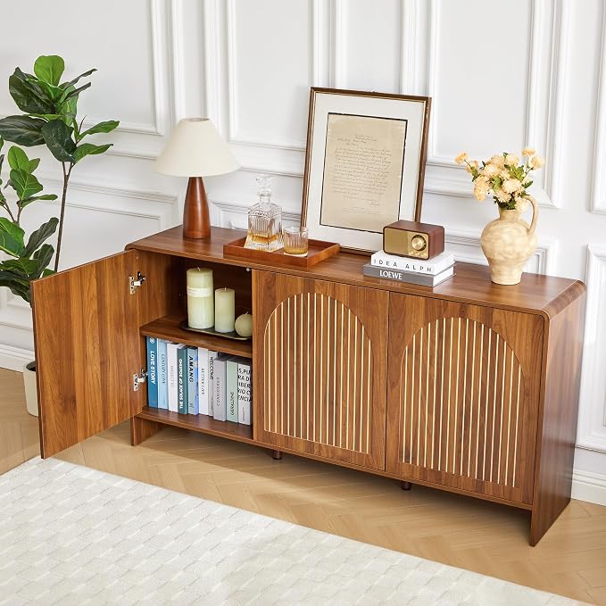 59" Sideboard Buffet Cabinet with Storage, Wood Arched Storage Cabinet with 3 Doors and Adjustable Shelf, Large Curved TV Console Accent Cabinet for Living Room Hallway Kitchen Dining Room, Walnut
