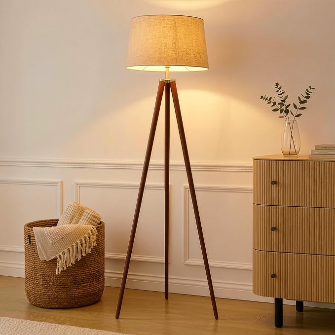 Brightech Emma LED Floor Lamp, Tall Lamp with Wood Legs, Mid-Century Modern Standing Lamp for Bedroom Reading, Tripod Lamp for Living Rooms & Offices, Great Living Room Decor - Walnut Brown