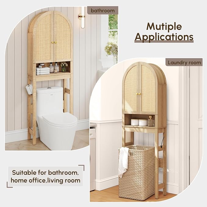 HMstone Over The Toilet Storage Cabinet, Arched Bathroom Organizer and Storage with Rattan Doors and Adjustable Shelf, Space-Saving Freestanding Bathroom Modern Storage Cabinet Over Toilet (Natural)