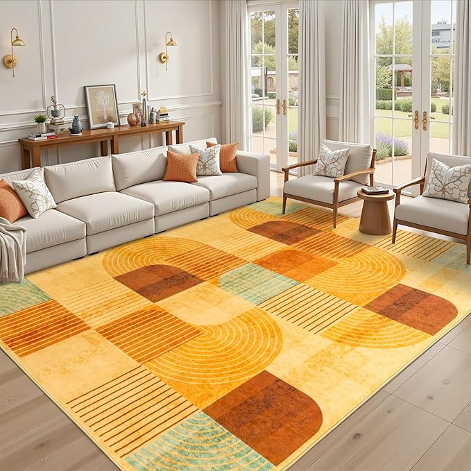 4x6 Area Rugs for Living Room, Soft Modern Geometric Rug for Bedroom, Washable Non-Slip Indoor Floor Abstract Carpet for Dining Room Nursery Home, Multi/Orange