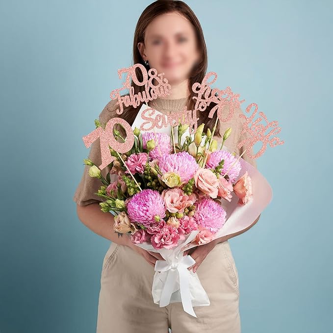 Gyufise 15Pcs 70th Birthday Centerpiece Sticks Seventy Happy 70th Table Flower Centerpieces Sticks Cheers to 70 Floral Decorations for 70th Birthday Party Centerpieces Supplies Rose Gold
