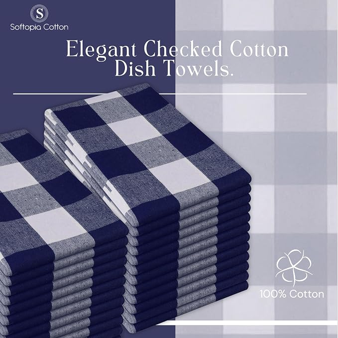 Navy Buffalo Plaid Kitchen Dish Towels, 12 Pack, 100% Cotton, 16x26 Inches, Super Absorbent, Quick Dry, Soft, Durable, Dish Drying & Cleaning Towels with Hanging Loop, Navy Blue White