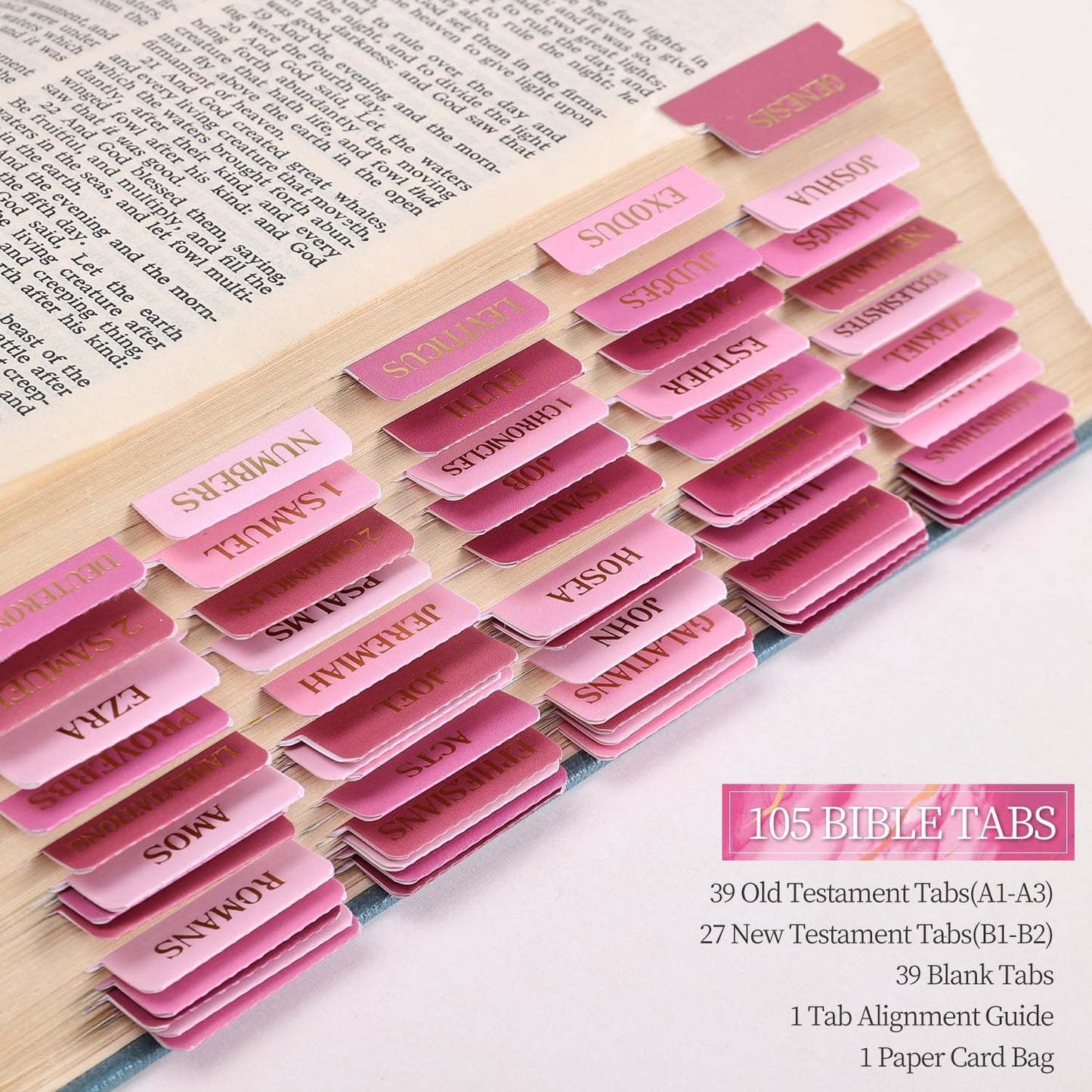 Skiennix Laminated Bible Tabs - Gold Foil Embossed Index Labels for Easy Navigation | 105 Chapters (Pink)