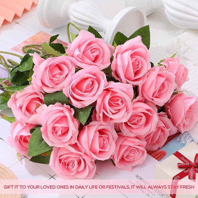 Jexine 50 Pcs Artificial Rose Flower Bulk Realistic Silk Fake Roses with Long Stem Plastic Artificial Flower Bouquet Real Looking for Home Wedding Centerpieces Party Decoration(Pink)