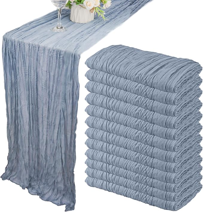 12 Pack Boho Gauze Table Runner 35x72 Inch - Rustic Cheese Cloth Long Table Runner for Wedding, Bridal Shower, Birthday Party Decor (Dusty Blue)