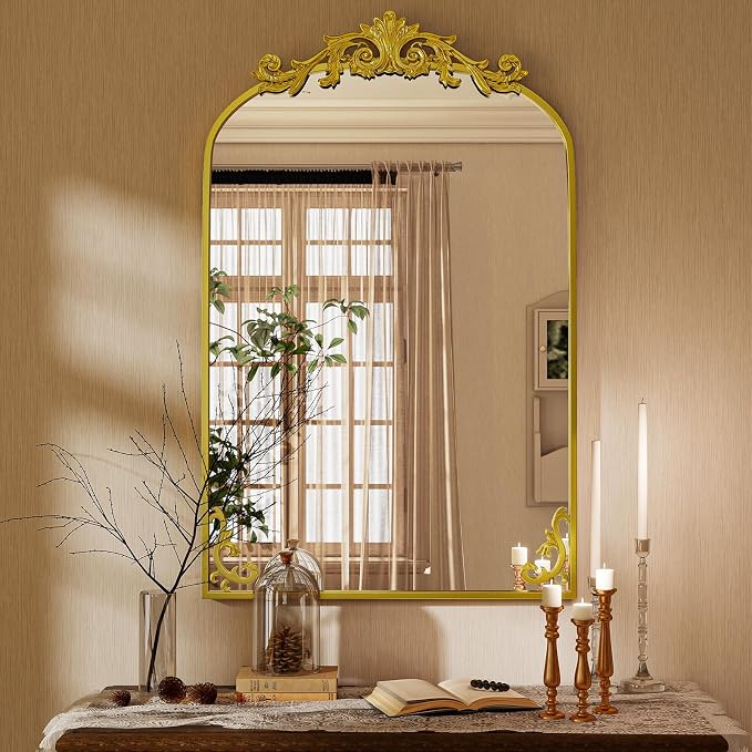 VooBang 26x38 inch Vintage Arched Bathroom Mirror - Gorgeous Wall Vanity Mirror with Beautiful Retro Top and Bottom Engraving Process Frame for Entryway Hallway Living Room, Gold