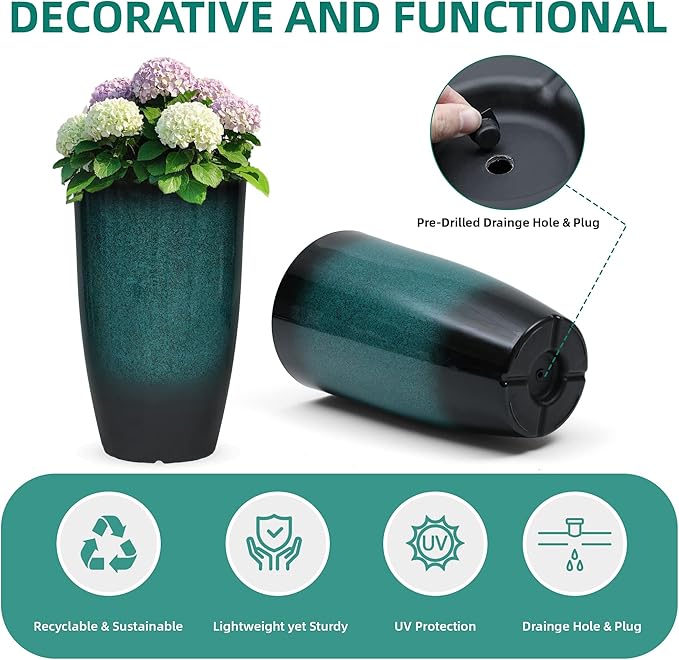 23.75" H Large Tall Outdoor Planters, Set of 2 Plastic Large Flower Pots for Outdoor Plants, Weather-Resistant for Porch, Garden, Patio or Indoor All Season Decor, Gradient Turquoise Finish