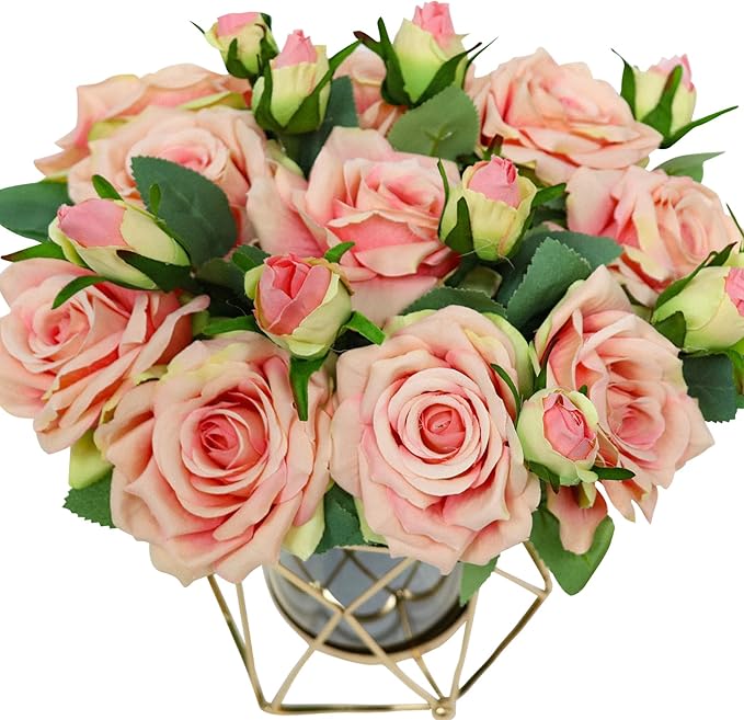 Faux Flowers with Vase, Silk Roses Bouquet Artificial Flowers in Vase, Fake Flowers Floral Arrangement for Home Decor Indoor, Table Centerpieces Flowers Decoration for Farmhouse (Pink)