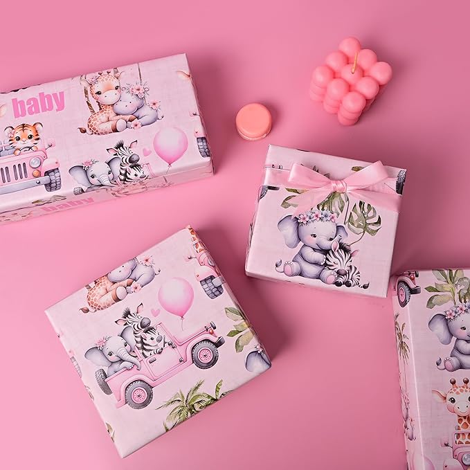Altarho Baby Shower Wrapping Paper Roll - Pink Woodland Animals Truck Design Gift Wrap Sheets for Kids Boys Girls Baby Shower Party Decoration Celebration Total 28.5sq.ft