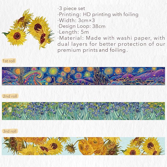 WT Van Gogh Washi Tape Set, Original Design, 3 Rolls, Gold Foil, 30mm Wide Decorative Masking Tape, Bujo Planner Supplies, DIY Art Crafts Paper Tape, Adhesive Wrapping Tape, Journals Gifts