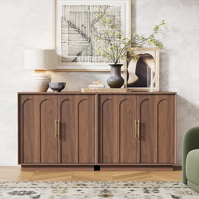 FORTUNETEC Sideboard Buffet Cabinet with Storage Set of 2, Mid Century Modern Accent Cabinet with Arched Doors, Modular Media Console, Credenza for Living Room Kitchen Dining Room Entryway, Walnut