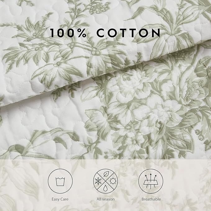 Laura Ashley - Twin Quilt Set, Reversible Cotton Bedding with Matching Sham, Lightweight Home Decor for All Seasons (Bedford Green/Off-White, Twin)