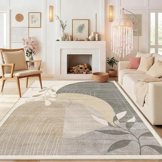 MUJOO Washable 8x10 Area Rugs for Living Room Bedroom Dining Room Large Boho Non Slip Carpet Indoor Mid Century Modern Abstract Botanical Geometric Neutral Beige