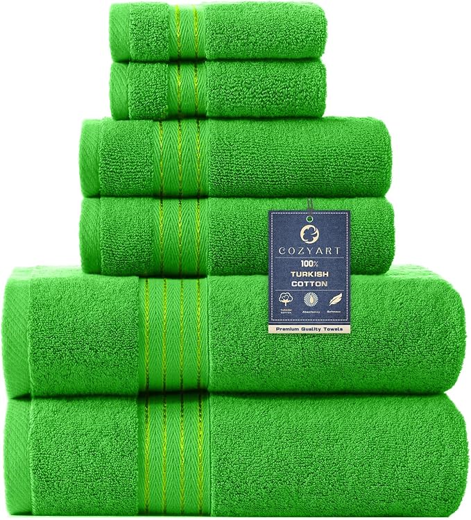 COZYART Classic Green Bath Towels for Bathroom 6 Pcs, Turkish Cotton Bath Towel Set Super Soft Highly Absorbent Durable 650 GSM Shower Towels for Daily Use