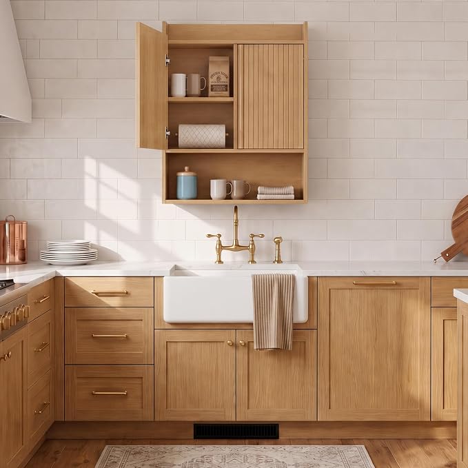 VANIRROR Bathroom Wall Cabinet, 24 x 9.3 x 33 in Wood Finish Wall Mounted Medicine Storage Organizer with Fluted Doors, Raised-Edge Top, Over Toilet Cabinet for Laundry Kitchen