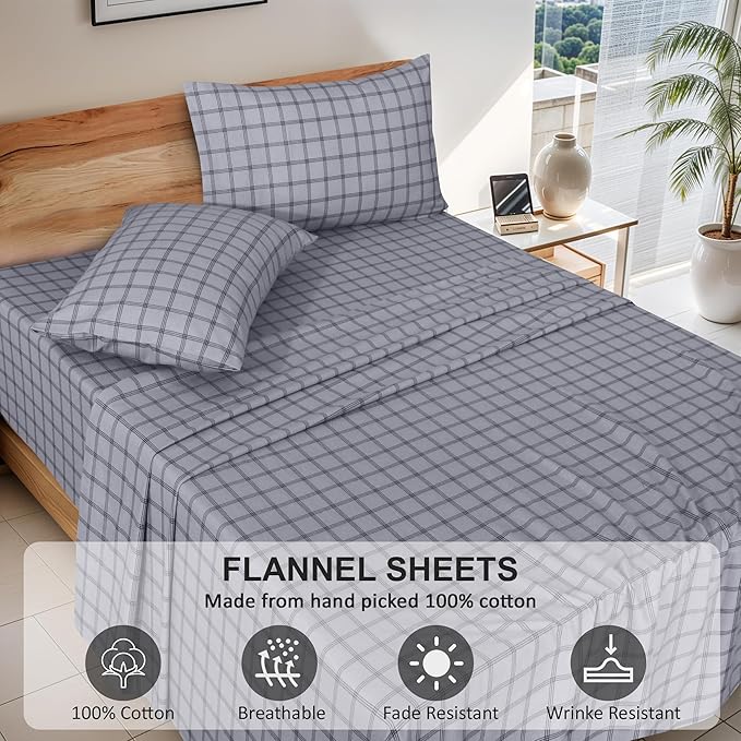 RUVANTI Flannel Sheets King Size - 100% Cotton Brushed King Size Sheets Set - Deep Pockets 16 Inches Bed Sheets - All Seasons Breathable & Extra Soft - Warm & Cozy, 4 Piece, Open Grid Check