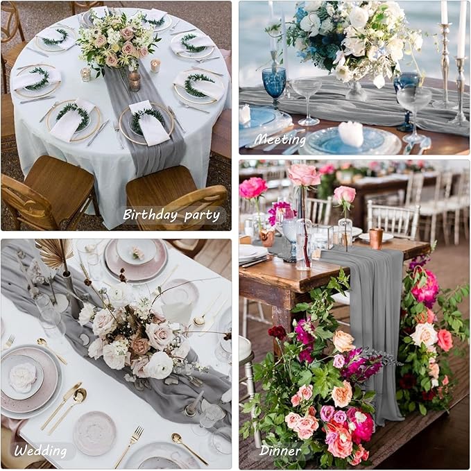 Fivenl 12 Pack Cheesecloth Table Runner 35x72 Inch Boho Gauze Table Runner Rustic Cheese Cloth Long Table Runner Romantic Table Runner for Wedding Bridal Shower Birthday Party Table Decor (Gray)
