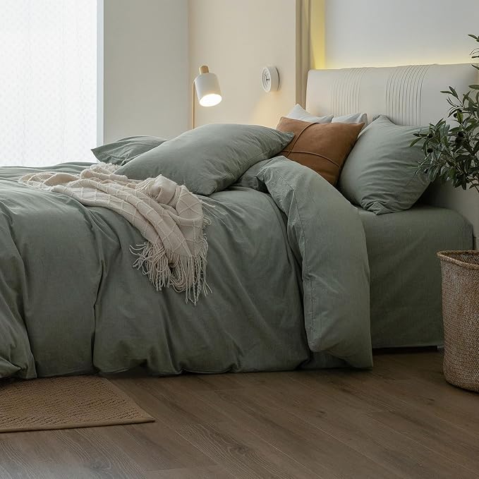 JIYUAN 100% Washed Cotton Duvet Cover Set 3 Pieces Queen, 1 Duvet Cover 90x90 Inches(Comforter Not Included) and 2 Pillowcases,Linen Feel Bedding Set Comfy and Breathable, Heathered Green