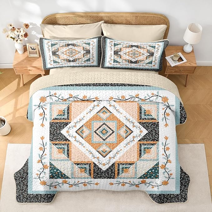 Quilt Set Full/Queen Size, Farmhouse Floral 3 Pcs Soft Bed Cover Bedding Set, Boho Rustic Geometric Lightweight Bedspread Coverlet with 2 Pillow Sham for All Season