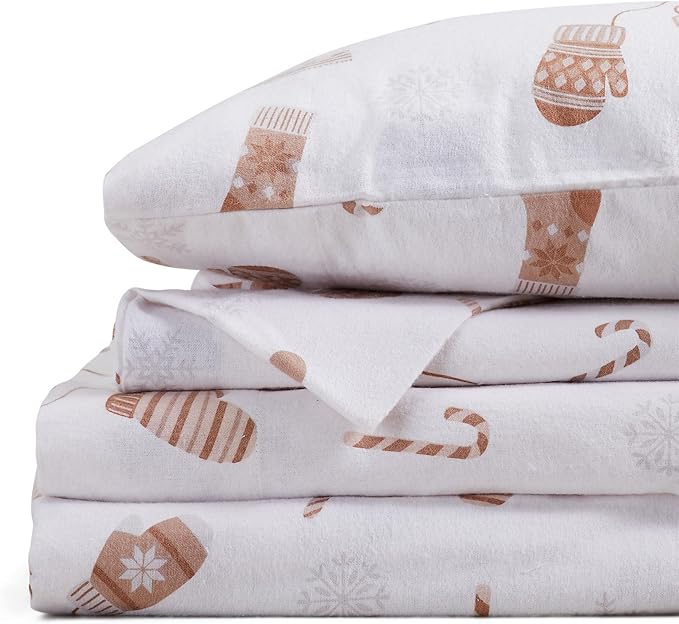 Market & Place 100% Cotton Queen Flannel Sheet Set | 4 Piece Deep Pocket Novelty Cozy Winter Bed Sheets | Double Brushed for Extra Softness & Comfort | Alpine Collection (Queen, Winter Mittens)