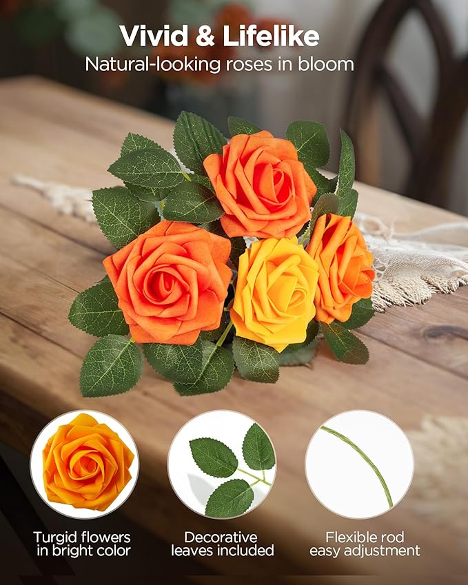 InnoGear Artificial Flowers, 100 Pcs Shades of Orange Rose Foam Fake Roses Bulk with Stems for Autumn Fall Decoration DIY Wedding Bouquets Centerpieces Bridal Shower Party Christmas Tree