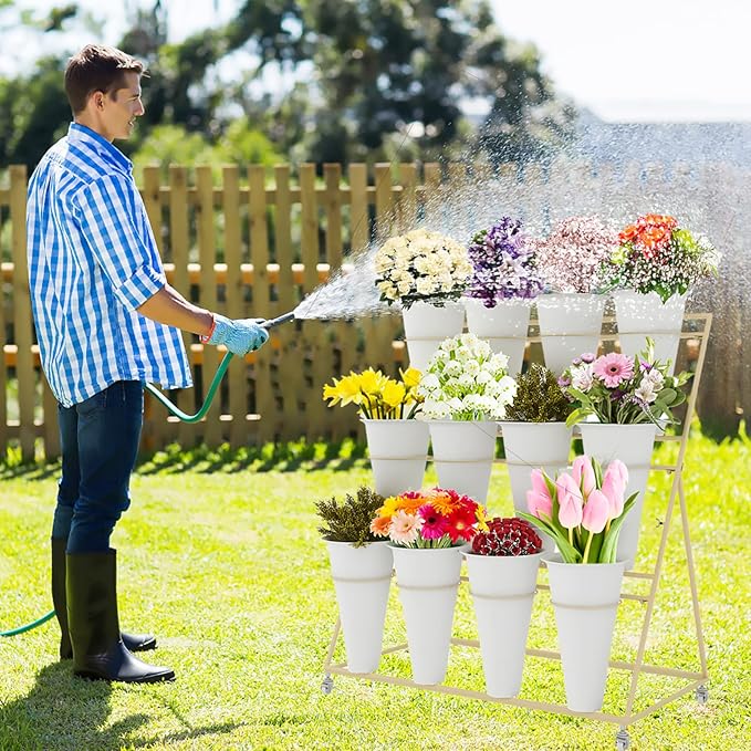 Flower Display Stand, 3 Layers Heavy Duty Moving Plant Cart Shelf With Wheels and Bucket, Wrought Iron Florist Shelf, for Patio Garden, Living Room, Outdoor Flower Pop-Up Events (Golden Iron Frame)