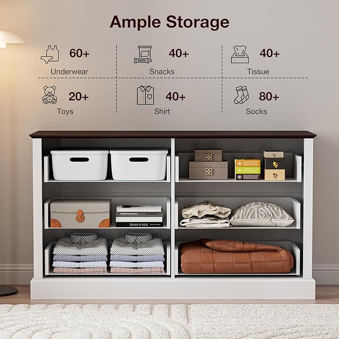 Dresser for Bedroom with 6 Fluted Drawers, 51.9" Wide Chest of Drawers with Mid-Century Design, Wood Dresser for Closet with Metal Handle, White & Walnut