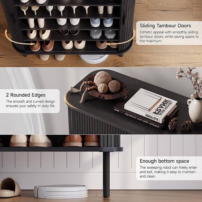 ONBRILL 6-Tier Shoe Cabinet with Sliding Door, Wooden Shoe Storage Cabinet with Adjustable Shelves, Mid-Century Modern Freestanding Shoe Storage Organizer for Entryway, Hallway, Living Room, Black