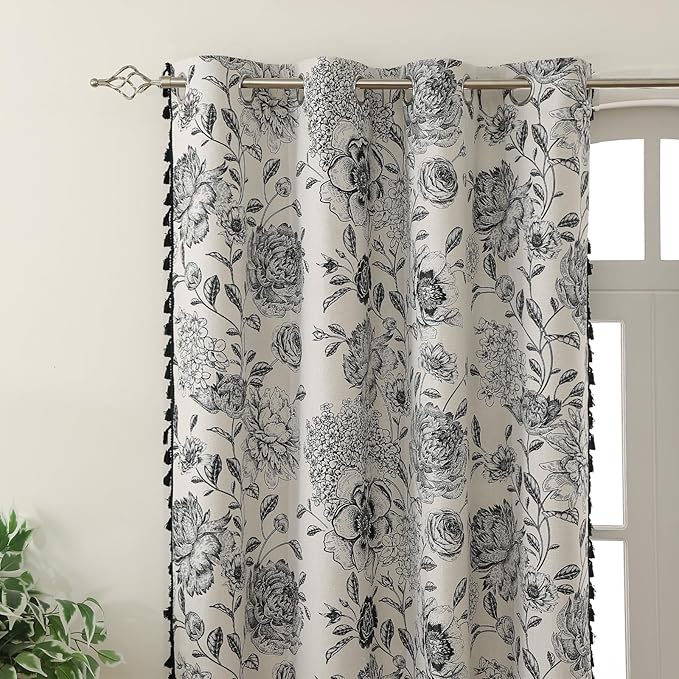 Blackout Black Floral Farmhouse Curtains Living Room Thermal Insulated Drapes, Elegant Peony Pattern & Tassel Curtains 2 Panels Blocking Curtains for Windows Floral Drapes (52W*84L)