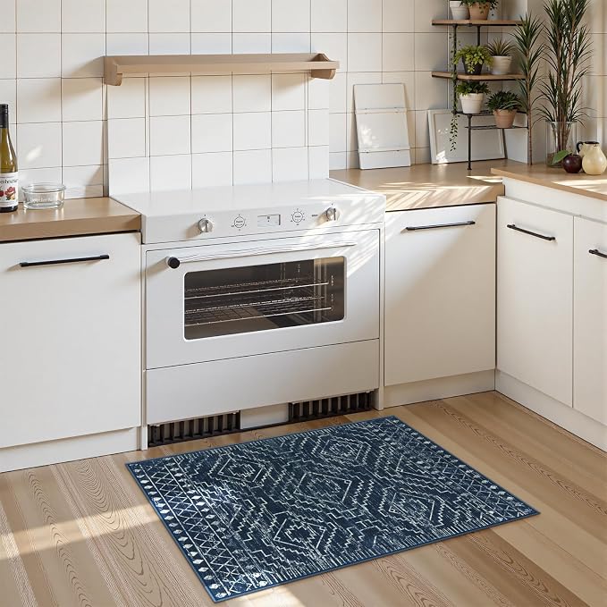 Wonnitar Moroccan Bathroom Rug,Washable 2x3 Small Bath Mat, Boho Tribal Soft Kitchen Sink Mat, Non-Slip Geometric Entry Way Rug, Low-Pile Indoor Carpet for Bedside Entrance Laundry (Blue,2'x3')