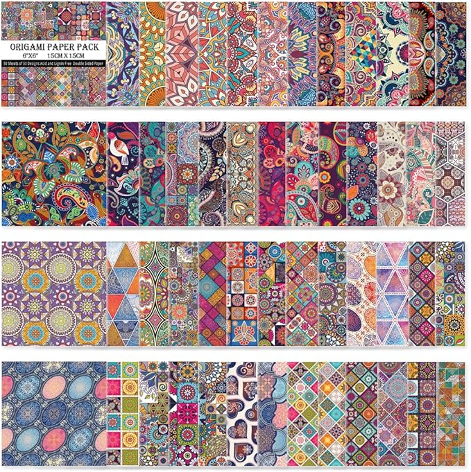 Origami Paper Kit 50 Sheets 70GSM 6 Inch Square Double Sided Color 50 Vivid Japanese Washi Chiyo Colors for Hand Crafts Origami Paper Arts Creativity.Ethnic Style