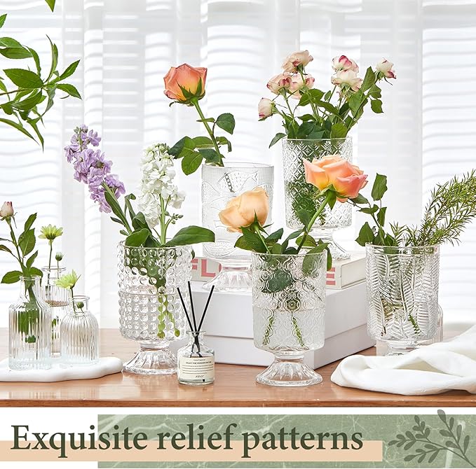 9 Set (H:7 Inch W:4 Inch) Flower Crystal Glass Vases Embossed Pedestal Vases for Centerpieces Hydroponic Glass Transparent Bottle for Home Office Wedding Dining Table Party(Clear)