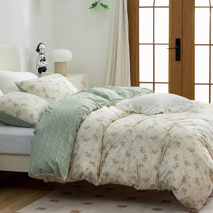 Floral Queen Comforter Set 3 Pieces Soft Chic Garden Style Green Floral Print Lightweight Botanical Flower Comforter Set for All Seasons 1 Comforter and 2 Pillowcases