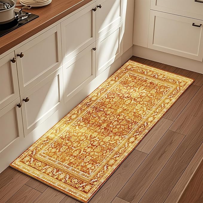 OPPODREAM Vintage Orange 2x6 Runner Rug, 2 x 6 Retro Washable Rug Non Slip, Low-Pile Faux Wool Carpet, Distressed Floor Mat for Kitchen, Hallway, Entry-Way, Entrance, Indoor Back Door