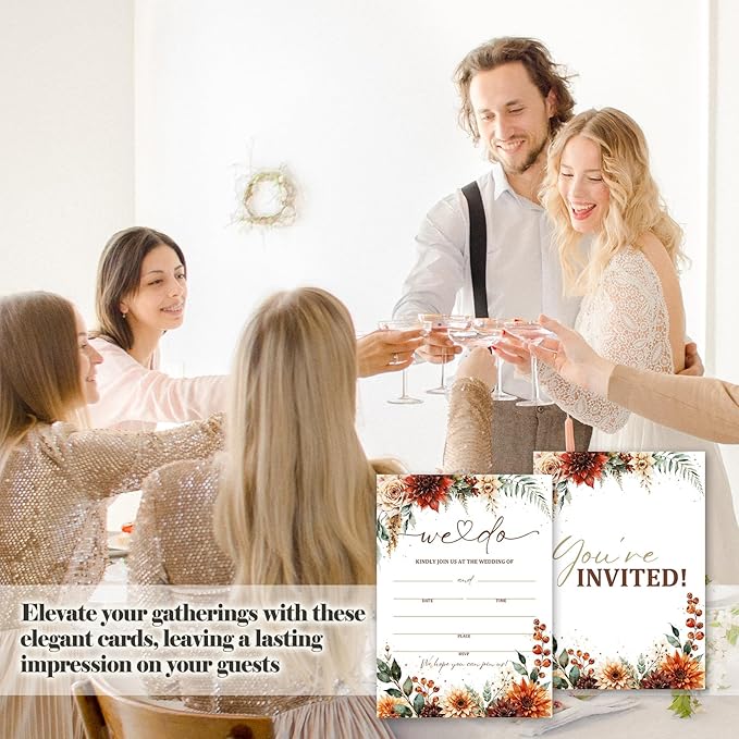 Boho Pampas Grass Wedding Invitations, 5"x 7" Autumn Wildflower Wedding Invites Card With Envelopes, 25 PCS for Party Decorations and Supplies - A08