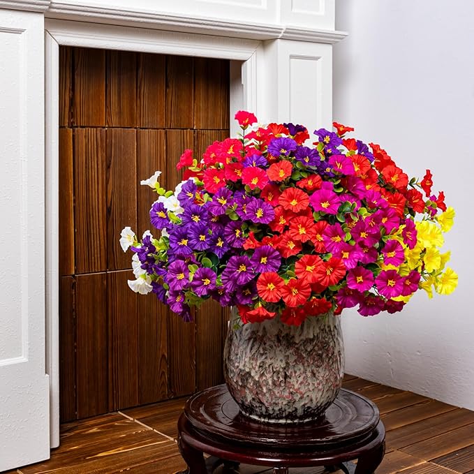 Artificial Faux Flowers for Outdoor 16 Bundles Boxwood Fake Morning Glory for Planter,UV Resistant Fake Flowers for Home Porch Patio Outside（7 Color）