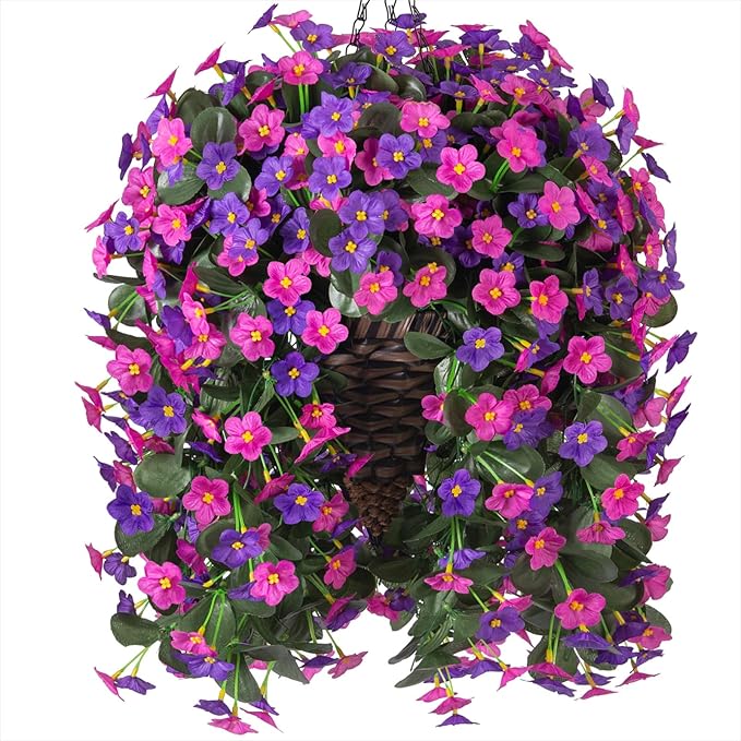 Artificial Fake Hanging Flowers with Basket for Outdoor Decoration,UV Resistant Faux Silk Daisy Flowers Dark Purple and Fuchsia Orchid Vines in Planter Realistic Hanging Baskets for Home Porch Garden