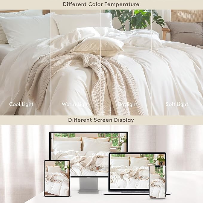 MooMee Bedding Duvet Cover Set 100% Washed Cotton Linen Like Textured Breathable Durable Soft Comfy (Solid Off White, Alaska King 132"x120")