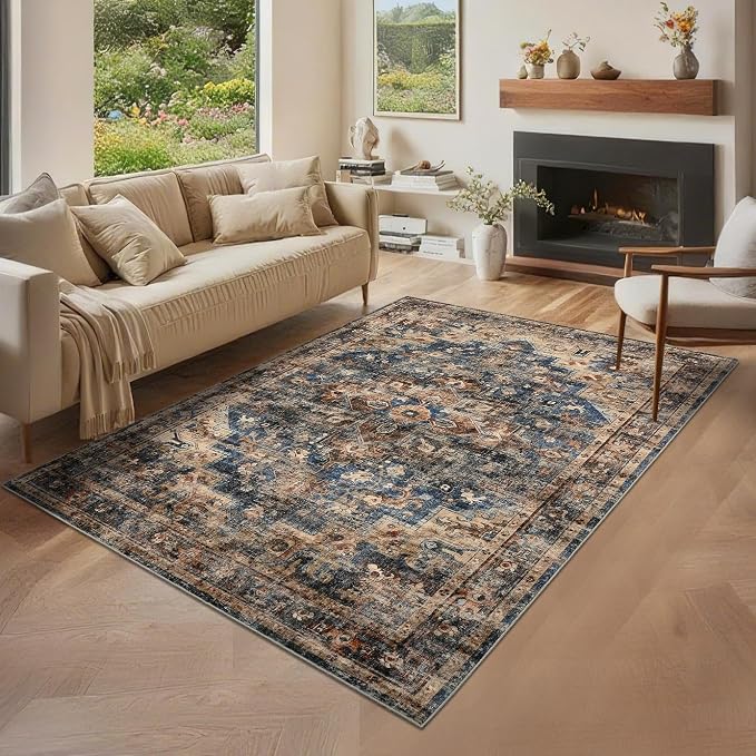 Washable 5x7 Small Area Rug Boho Vintage Medal Print Carpet Non Slip Office Rugs Low Pile Soft Bedroom Carpet Non Shedding Kids Nursery Floor Mats for Kitchen Dining Living Room Blue Brown