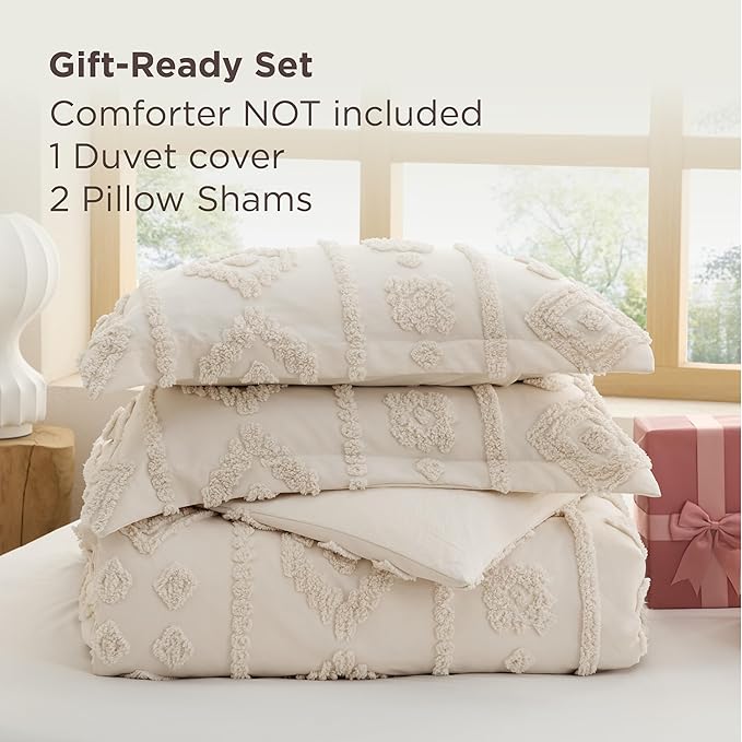Bedsure Boho Duvet Cover King - Beige Tufted Boho Bedding, Farmhouse Shabby Chic Embroidery Bedding for All Seasons, 3 Pieces, 1 Soft Jacquard King Comforter Cover and 2 Pillow Shams