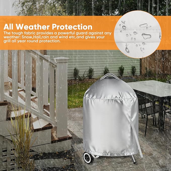 iCOVER Grill Cover for Weber 22 Inch Charcoal Kettle- Heavy Duty Waterproof BBQ Cover for Weber Char-Broil 22 Inch Charcoal Kettle Grills, Silver